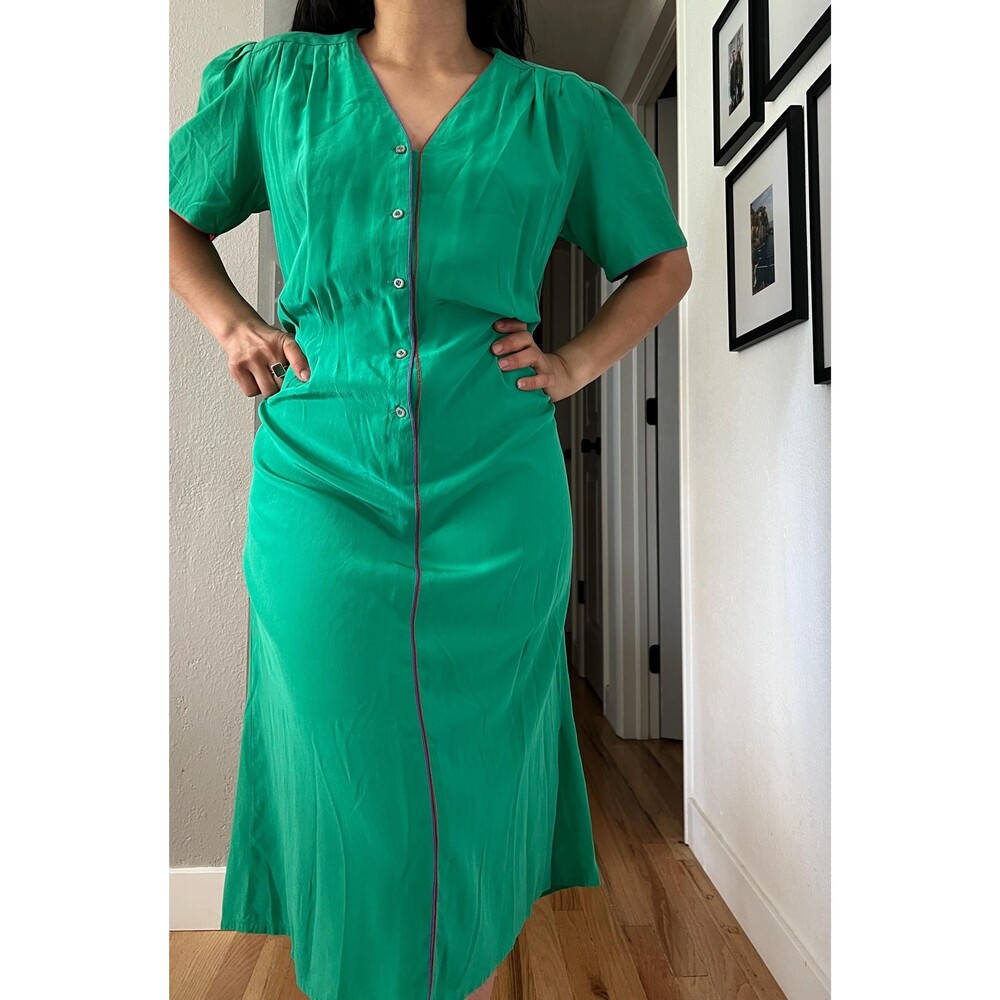 vtg bright green silk midi shift‎ dress size 16